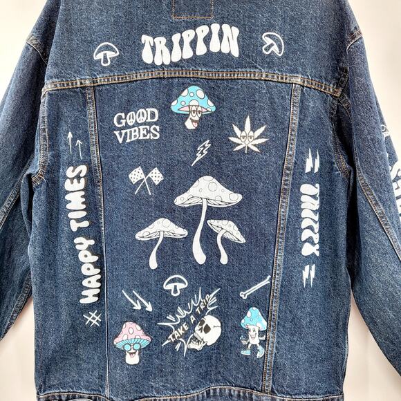 Eighty Eight Blue Denim Jean Don't Trip Stay Trippy Trucker Jacket Men's Size L - Picture 7 of 12
